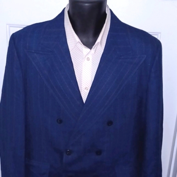 VTG Blue Pinstripe Double-Breasted Wool Blazer / Sportcoat, 42L - Picture 7 of 11